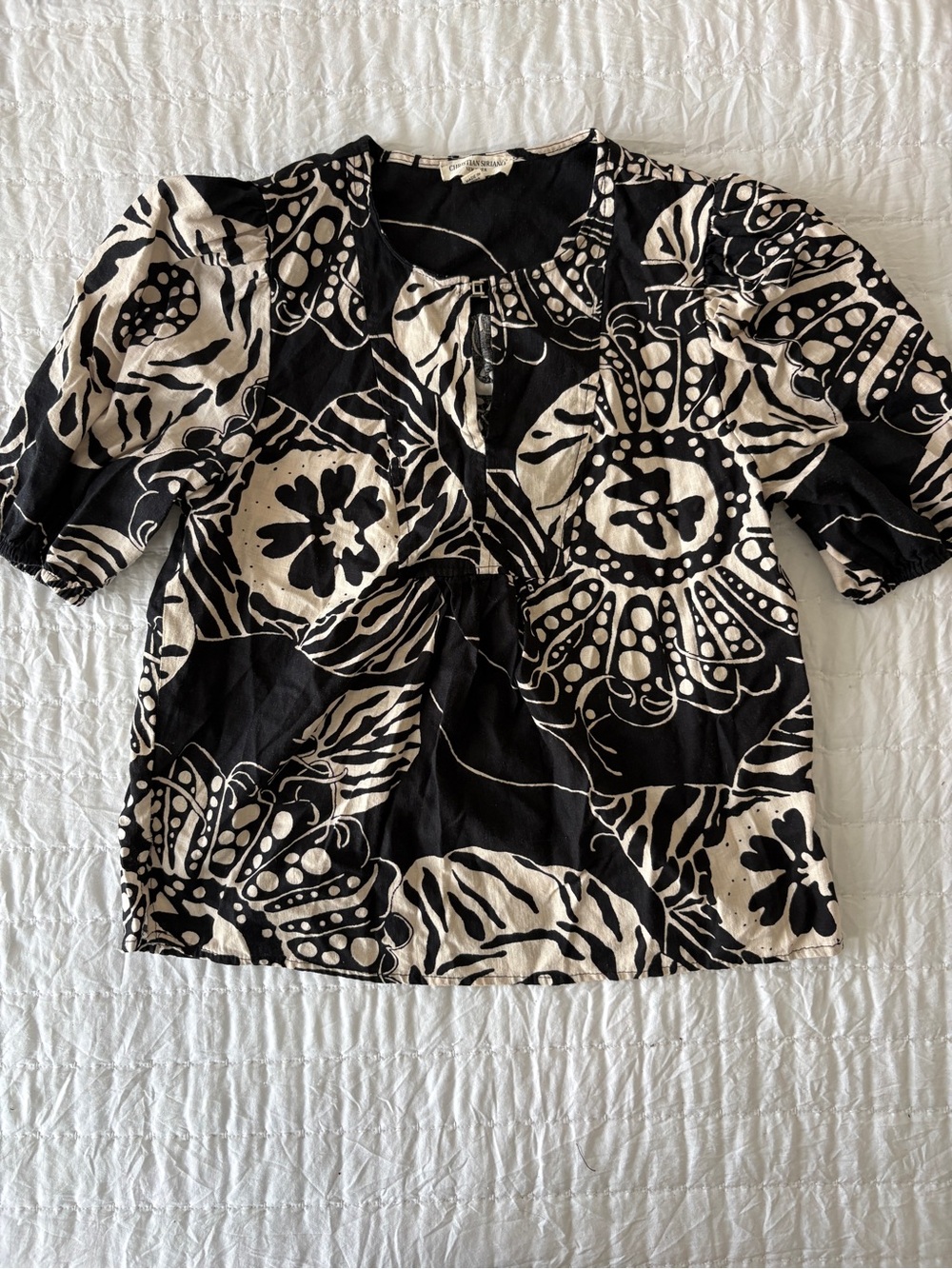 Christian Siriano Black & Cream Floral Puff Sleeve Blouse